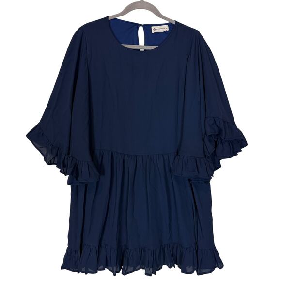 The Impeccable Pig Mini Dress Womens Medium Blue Ruffle Hem Keyhole Back Pleated - Picture 1 of 14
